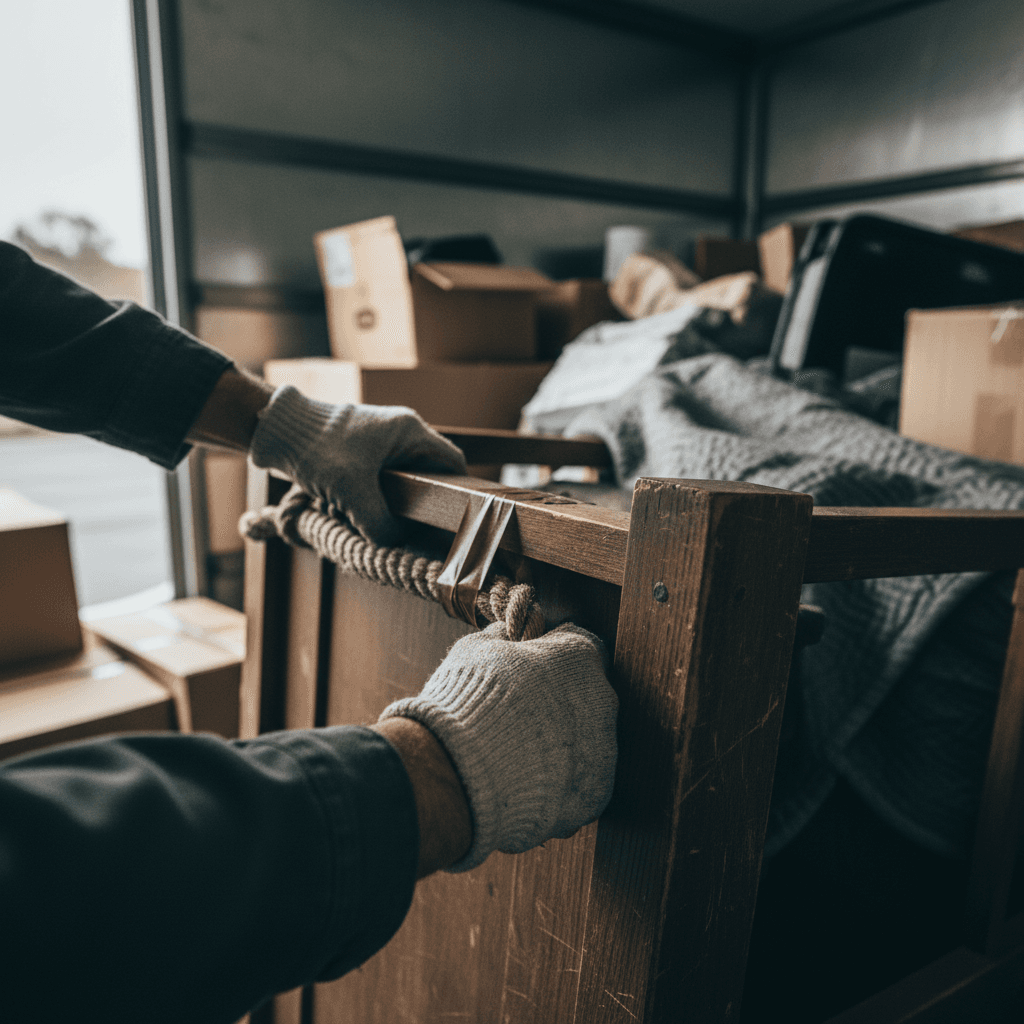 Hände in Arbeitshandschuhen heben Karton im Keller